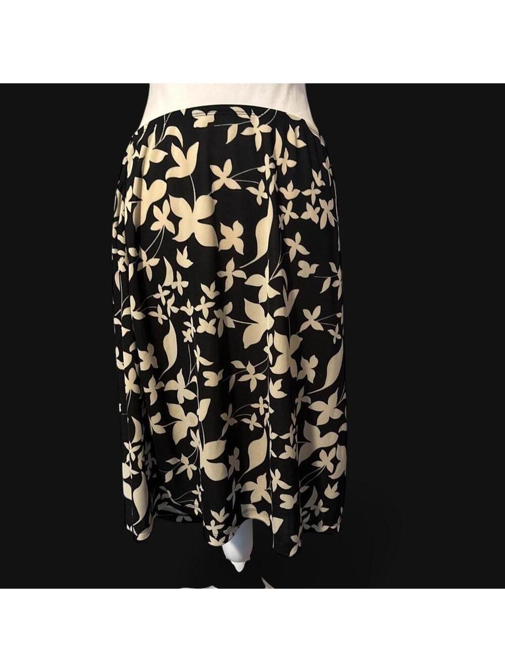 Vintage Apostrophe Stretch Black Cream Floral Midi Skirt L | 90s Y2K